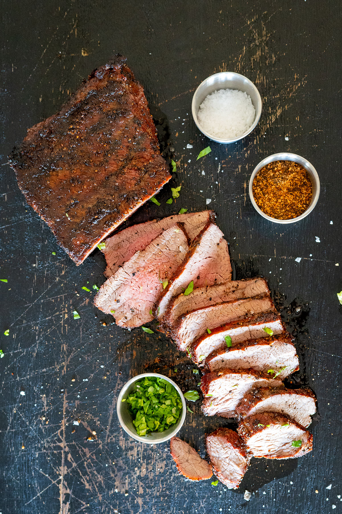 Sliced tri-tip roast.